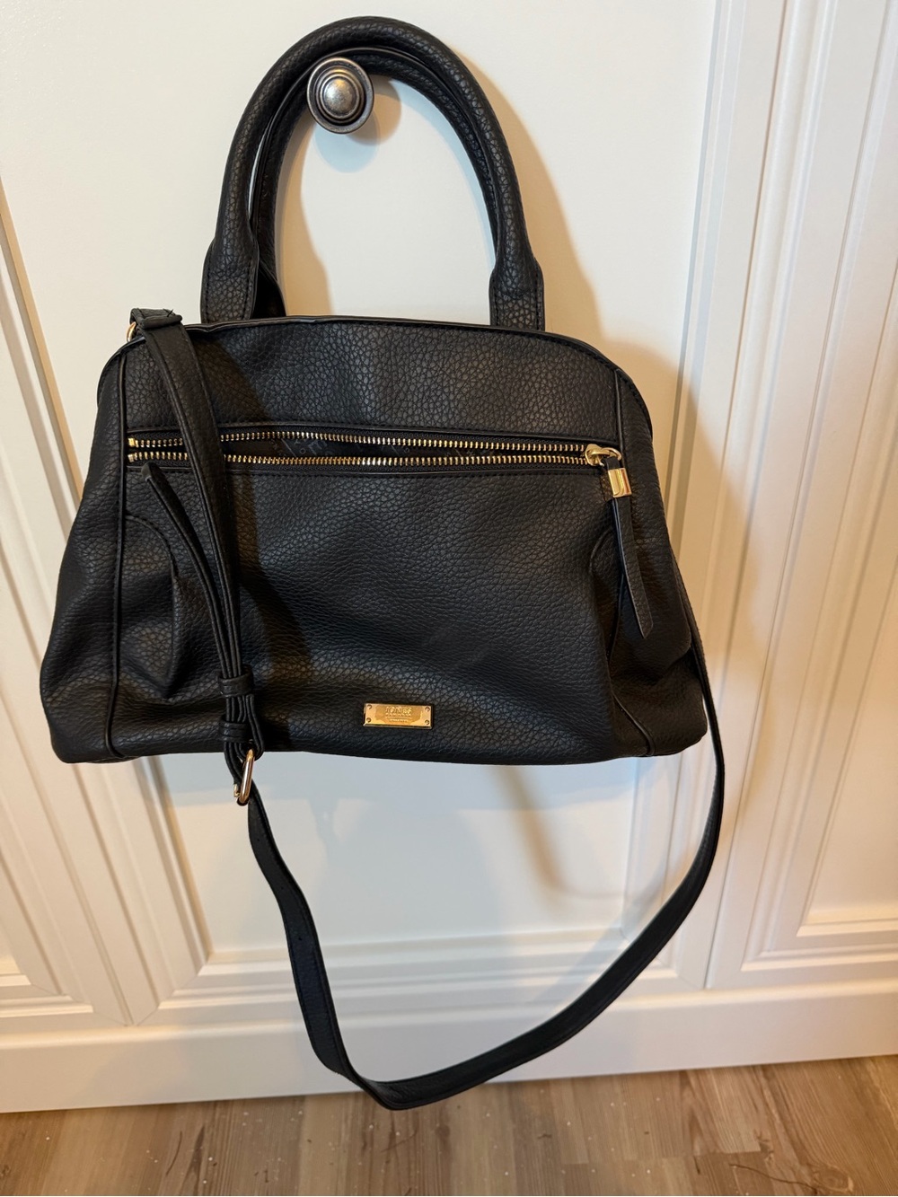 Jones New York Black Pebbled Leather Satchel with Gold Accents